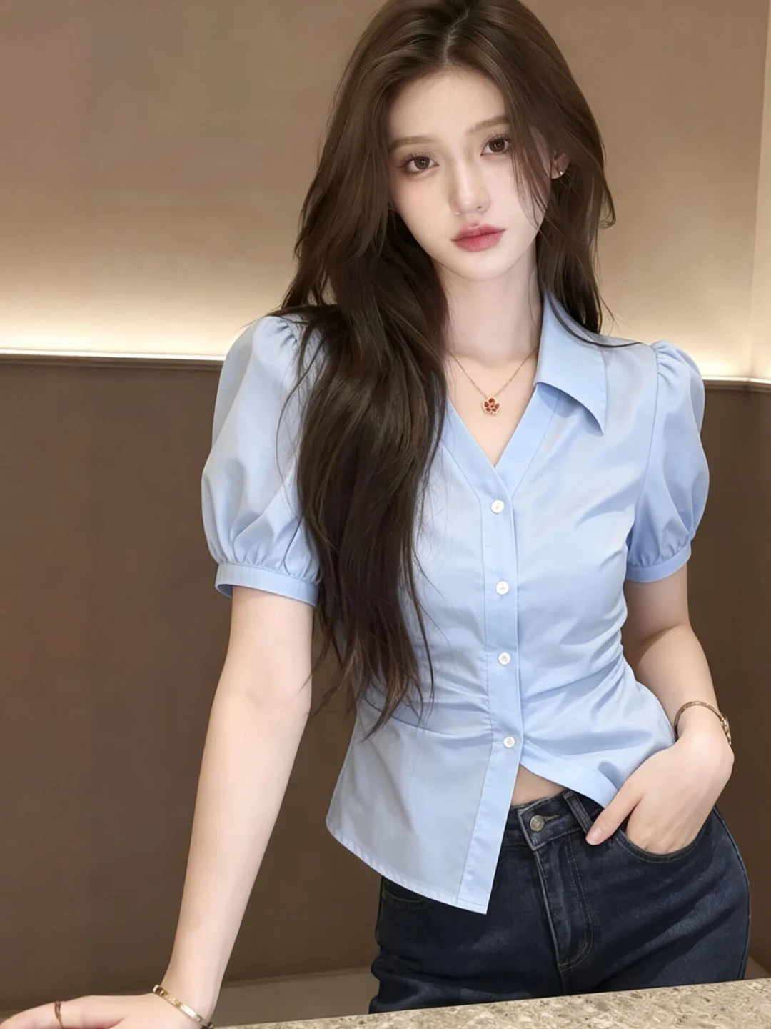 

Korean Style Unique Beautiful V-Neck Bubble Sleeve Shirt Slimming Waist Design Short Sleeve Women's Casual Fashion Top