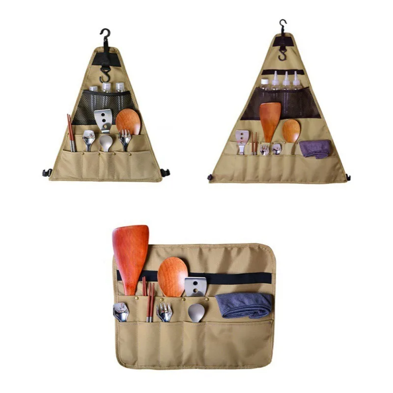 Neue Aufbewahrungstasche für Outdoor-Geschirr, tragbare Camping-Picknick-Kochutensilien, Grill-Hängetasche, dreieckige Aufbewahrungstasche, 1 Stück