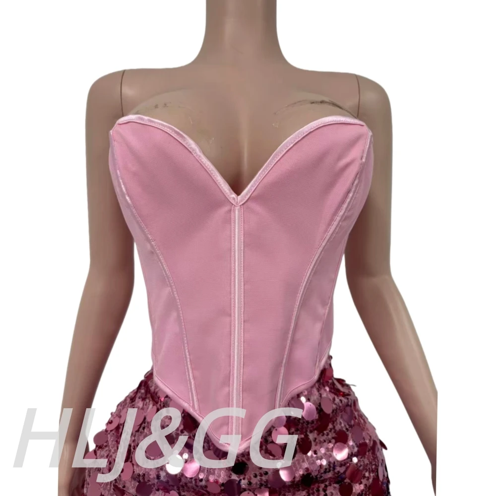 HLJ&GG Sexy Off Shoulder Corset Vest Two Piece Sets Women Sleeveless Backless Bandage Irregular Top + Sequin Mini Skirts Outfits - Image 5