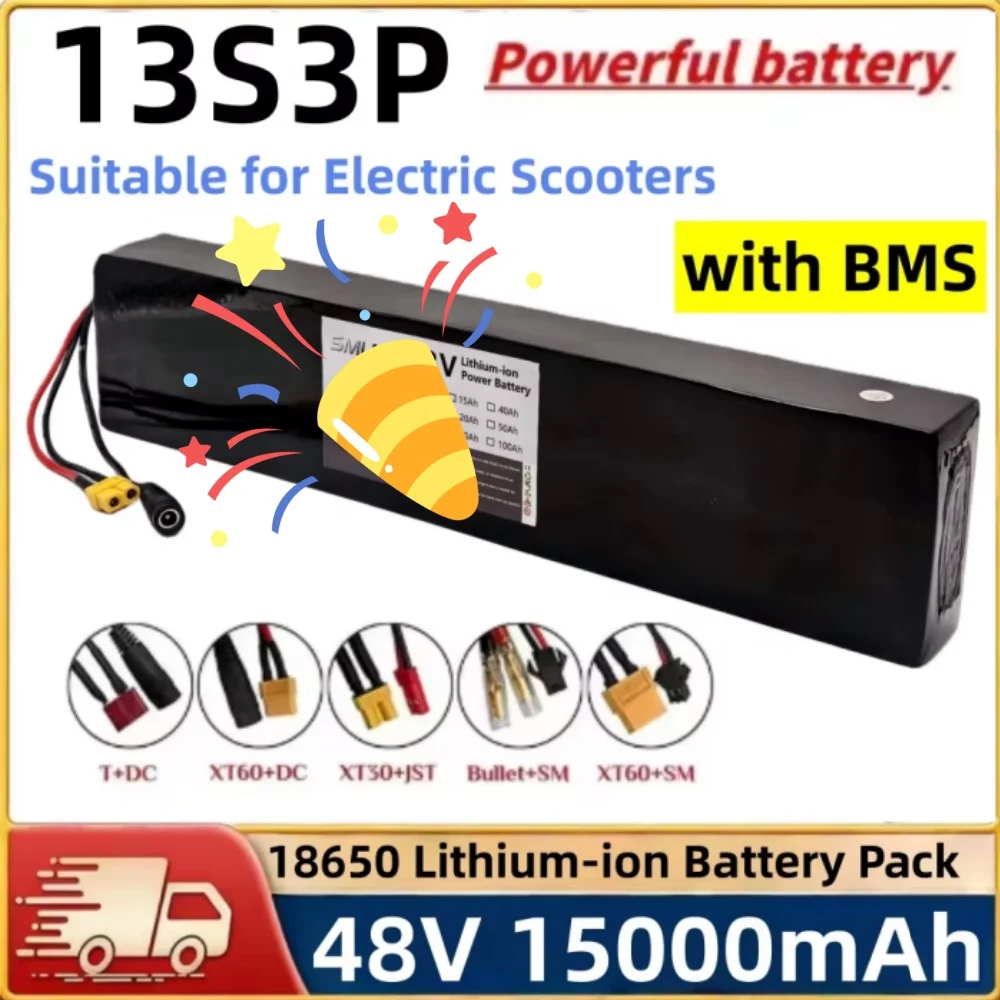 48V 15Ah Li-ion Battery Pack 18650 Lithium Battery, 13S3P, XT60/DC, Used For Scooters and Bicycles, 13S3P Battery Pack 54.6V