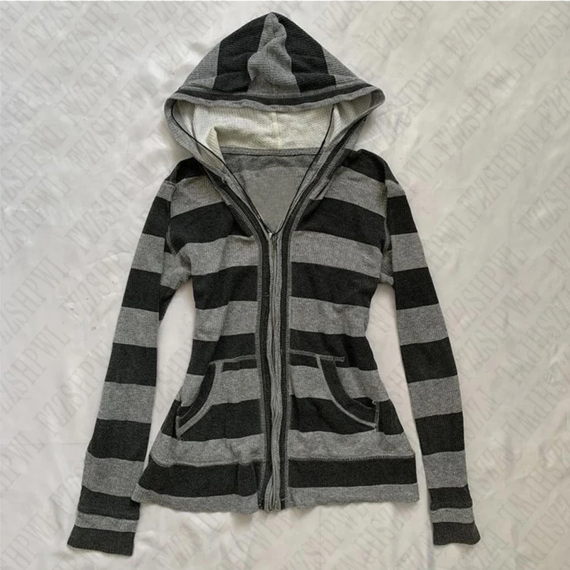 Street striped zipper cardigan Women's sweatshirt retro Harajuku emo girl punk hip-hop Y2K casual versatile Women fashion jacket