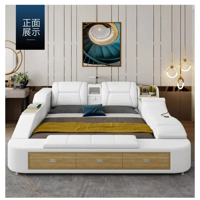 Luxury Multifunctional Leather Smart Bed with Storage Drawers, Massage, Bluetooth Speaker, USB, Modern King Bed with Side Tables