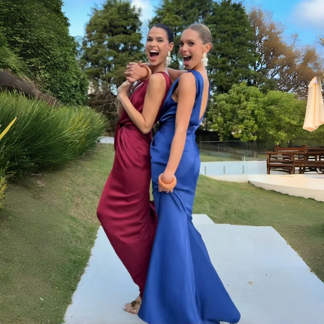 Vestido de satén para damas de honor, con escote en V pronunciado, sin mangas, con diseño de nudo retorcido, largo hasta el suelo, ideal para bodas, fiestas y eventos formales.