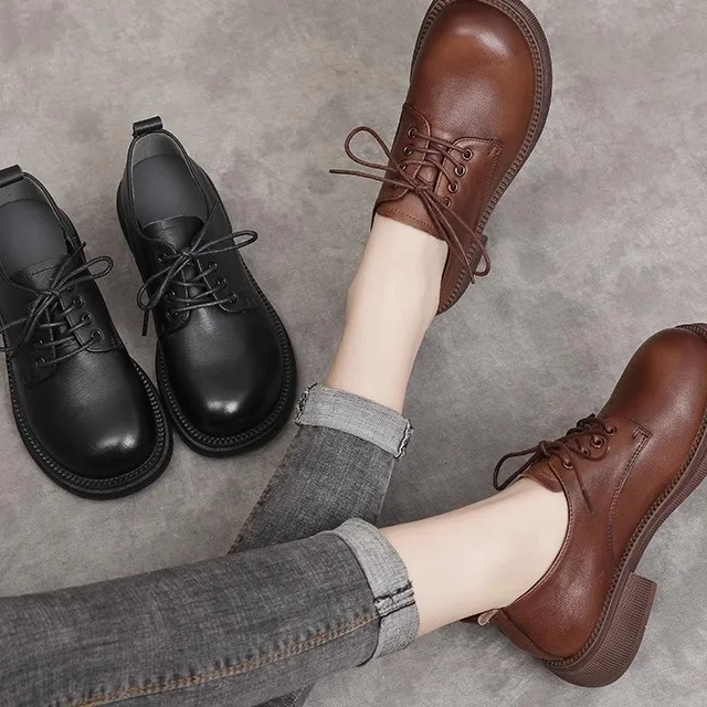 

British Style Soft Leather Flat Heel Shoes round Toe Lace up Low Heel Soft Bottom Women's Footwear Casual Fashion Footwear