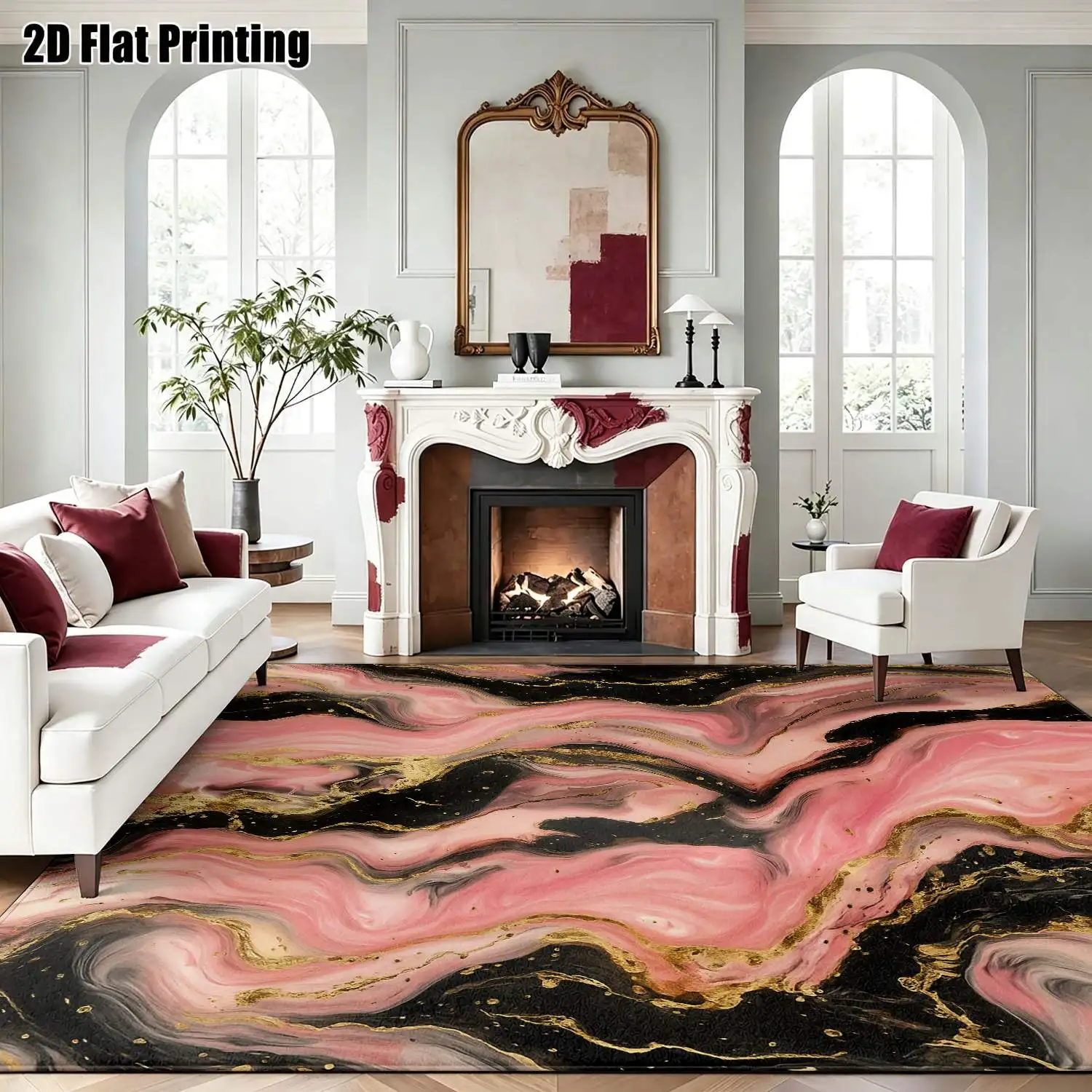 1Pc 2D Printed Abstract Art Carpet, Black Gold Pink Nordic Instagram Modern Minimalist European Vintage Geometric, Home Decor, Multi Sizes Machine Washable, for Living Room Bedroom Dining Room Entrance Study
