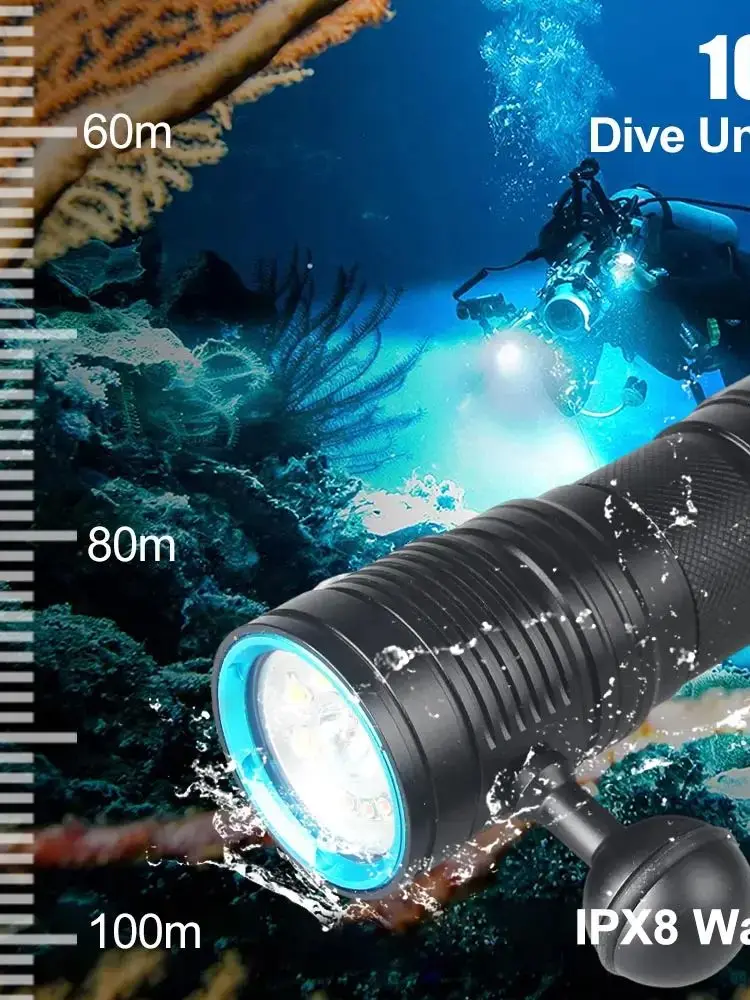 Lampe de poche sous-marine multifonctionnelle, lumière LED pour la photographie, 3 couleurs, 3 couleurs, 100m, IPX8