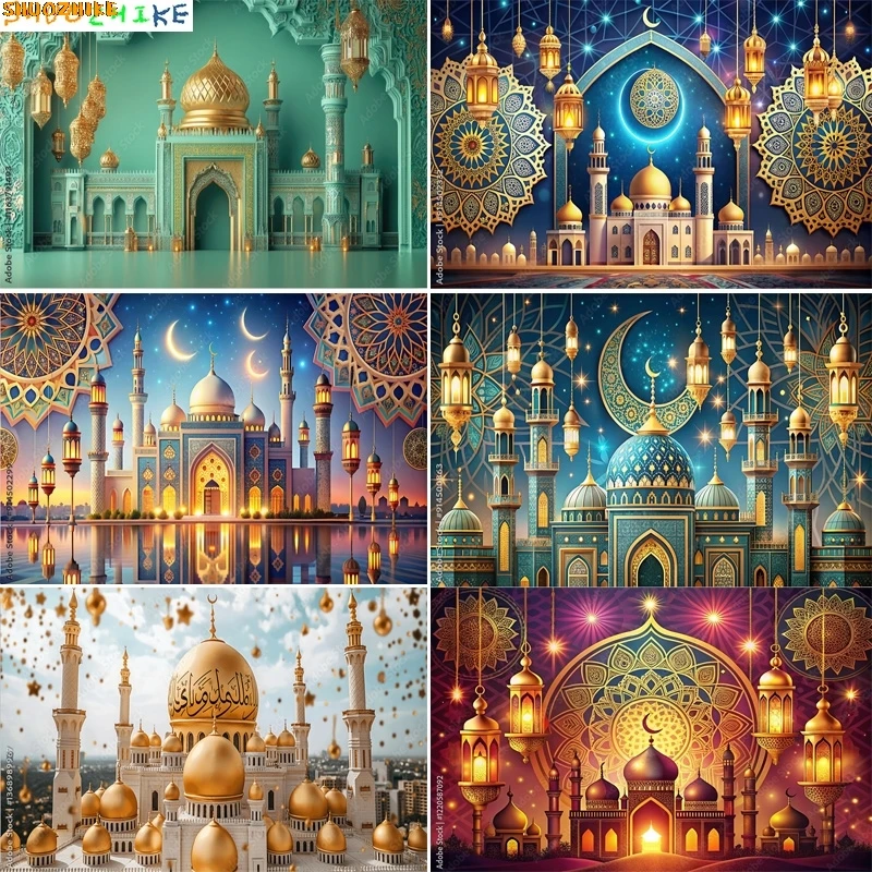 

Ramadan Eid Kareem Mubarak Islamic New Year Moon Lanterns Background Arabic Palace Candles Mosque Photography Backdrops EI-01