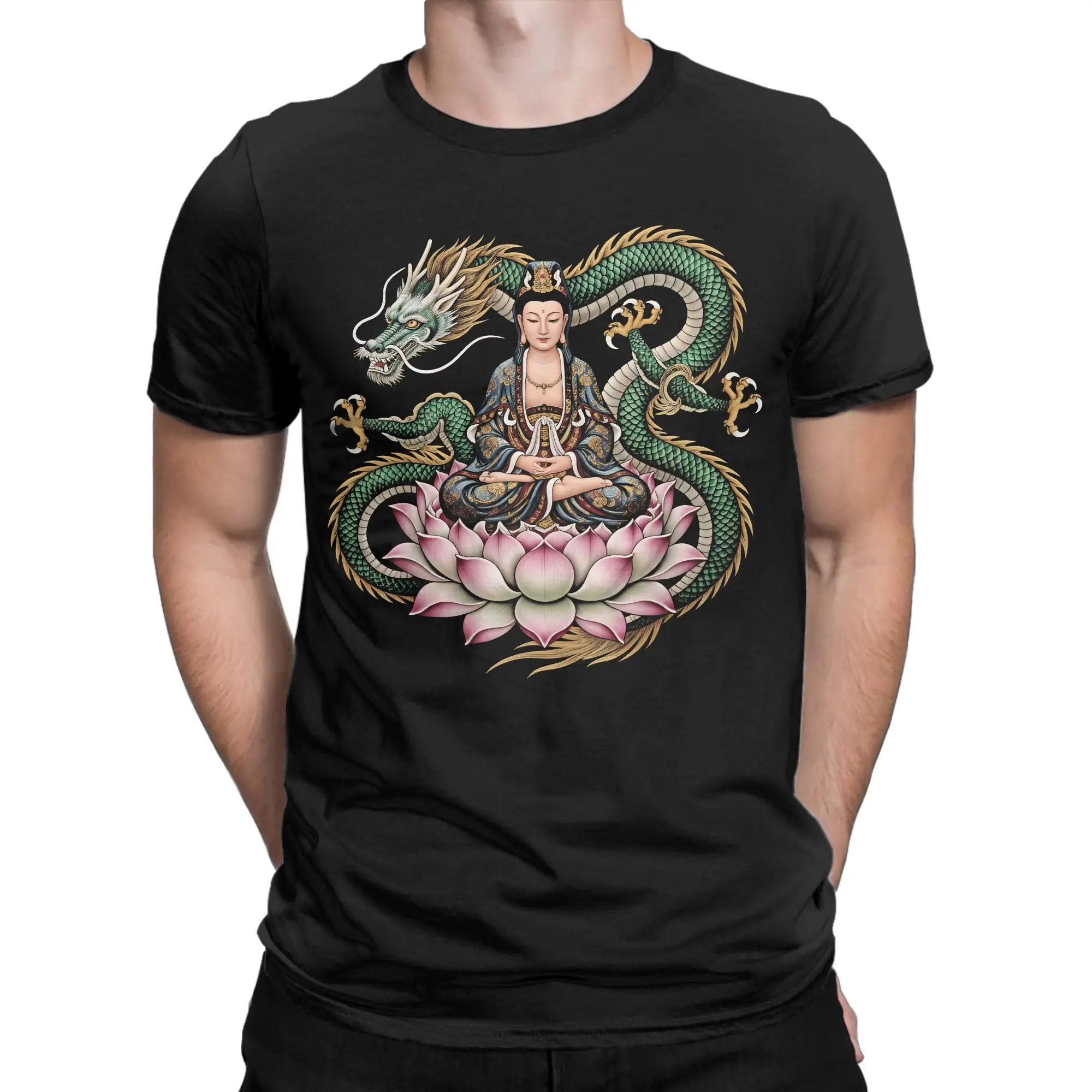 Quan Yin Chinese Goddess of Compassion Kwan Yin Dragon Lotus T Shirt Summer  Street Style T-Shirts Cotton Popular Tee Shirt
