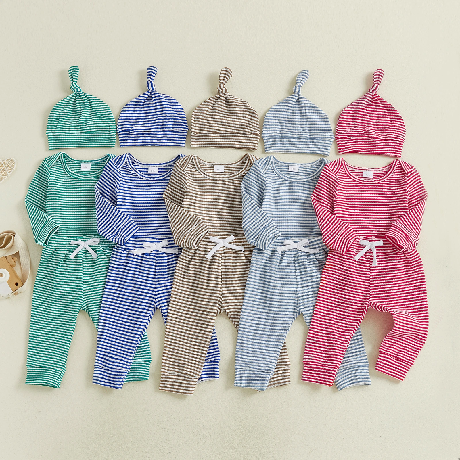 Tregren Infant Baby Boys and Girls Spring Fall Outfits Striped Crew Neck Long Sleeve Romper Pants and Cap 3 Pcs Clothes Sets