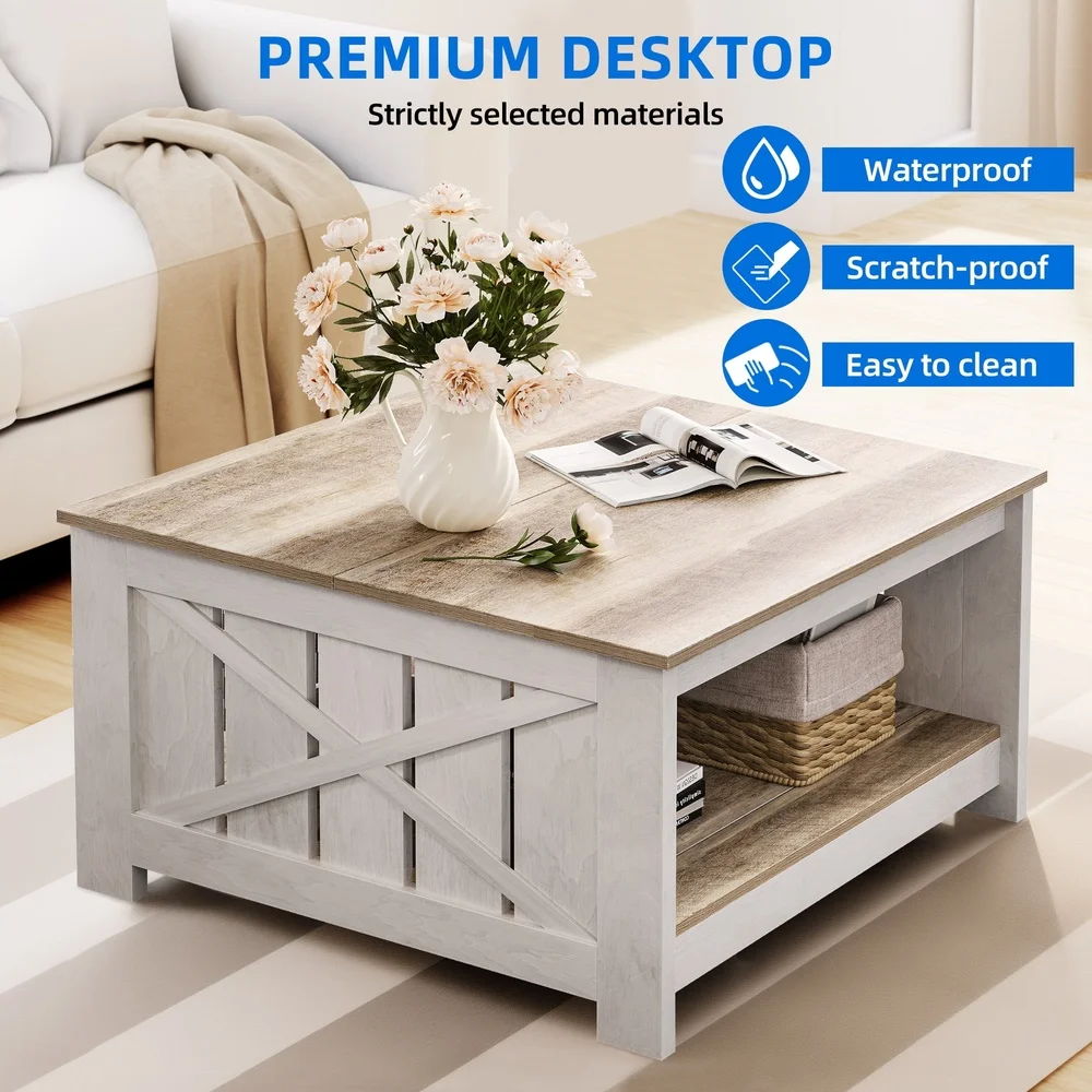 Farmhouse Square Coffee Table with Open Storage Sliding Barn Door Adjustable Feet Durable Wood Gray Wash Indoor Use