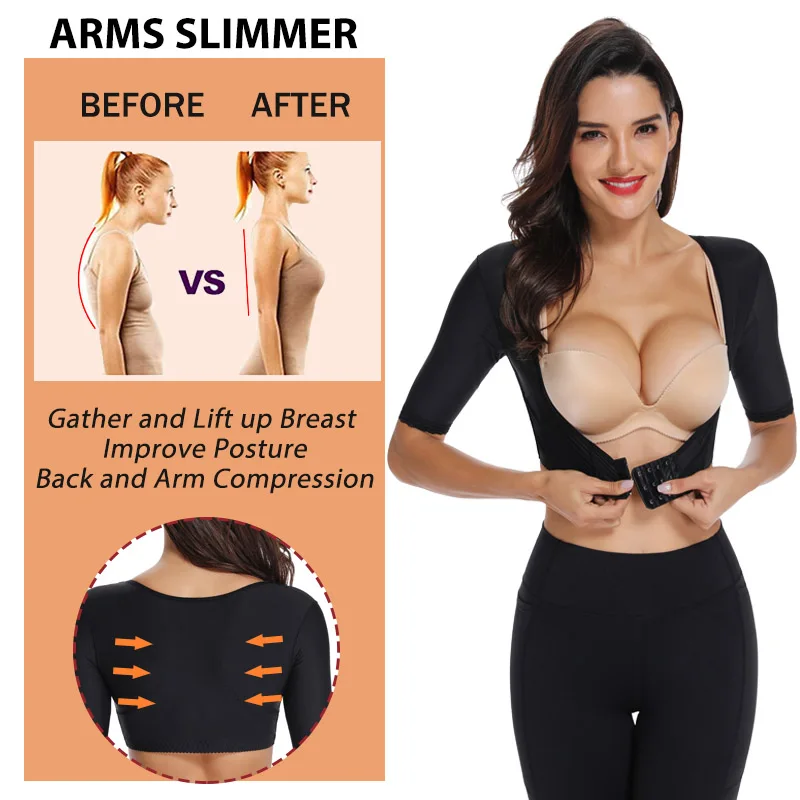 Upper Arm Shaper for Women Post Surgery Compression Sleeves Slimmer Posture Corrector Top Front Closure Breast Support Shapewear