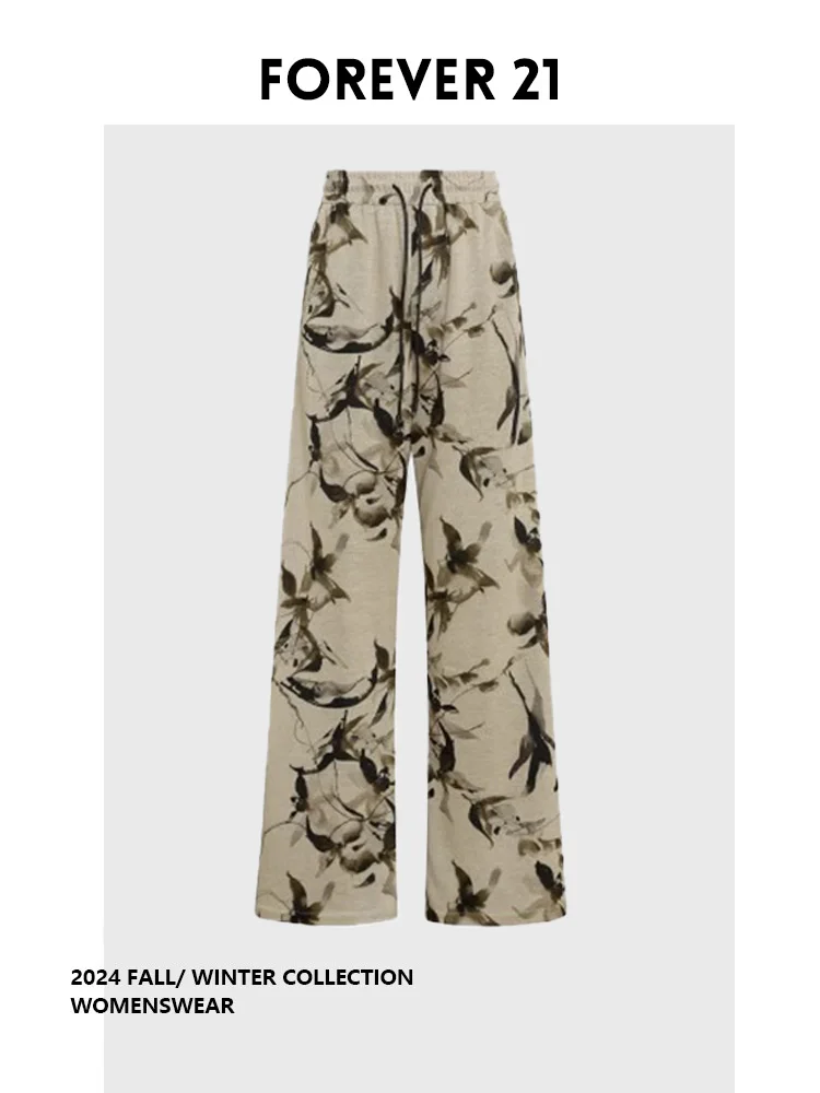 

Forever 2 New Chinese Sle Zen Water-Mark Print Straight Leg Pants Casual Wide Leg Trousers Floral Pattern Summer Wear