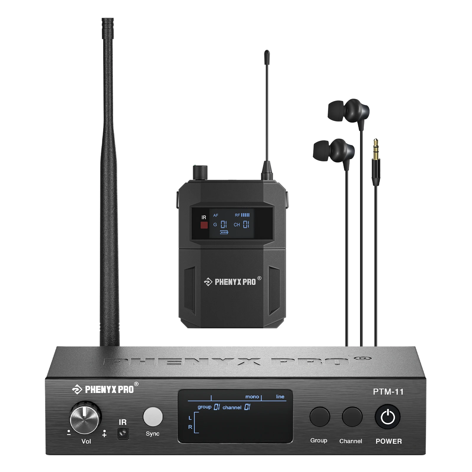 Phenyx Pro UHF Mono Wireless in-Ear Monitor System, Bodypack Receiver,50 Adjustable Frequencies,Separate Outputs for Band