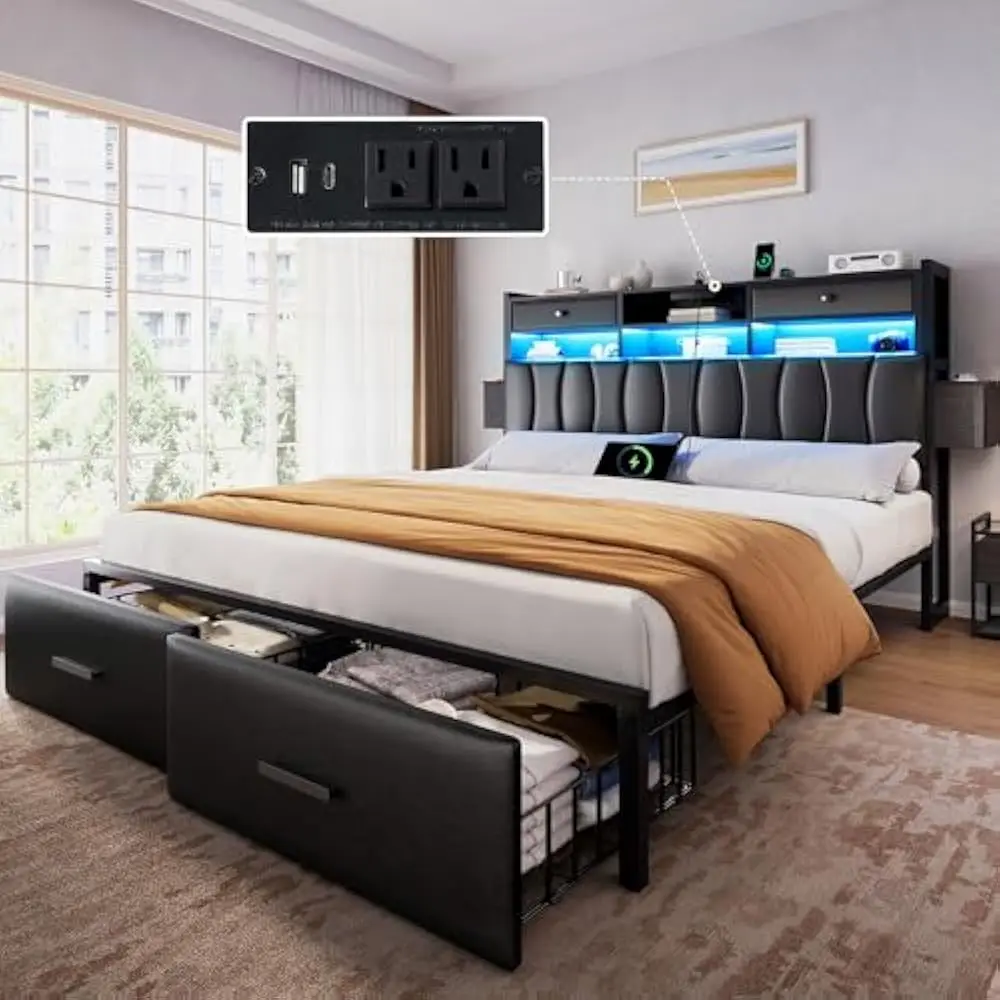 

LED Queen Size Bed Frame with 2 Storage Drawers and Charging Station, Platform Bed with Storage Headboard, No Box Spring Needed
