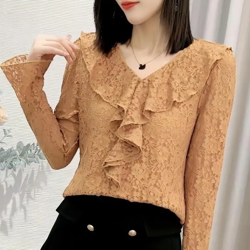 Sexy Floral Lace Hollow Out Blouse Female Clothing Stylish Ruffles Spliced Spring Autumn Casual Long Sleeve Elegant V-Neck Shirt