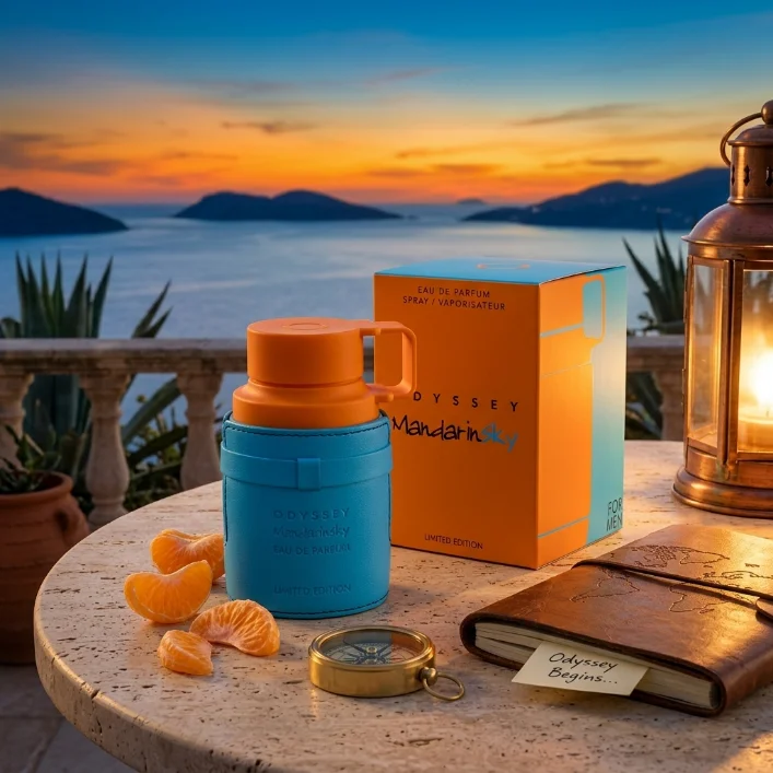 

Odyssey Mandarin Sky Men EDP Spray, Citrus Woody Scent, Long Lasting Leather Wrap Bottle For Dating Business Daily Wear