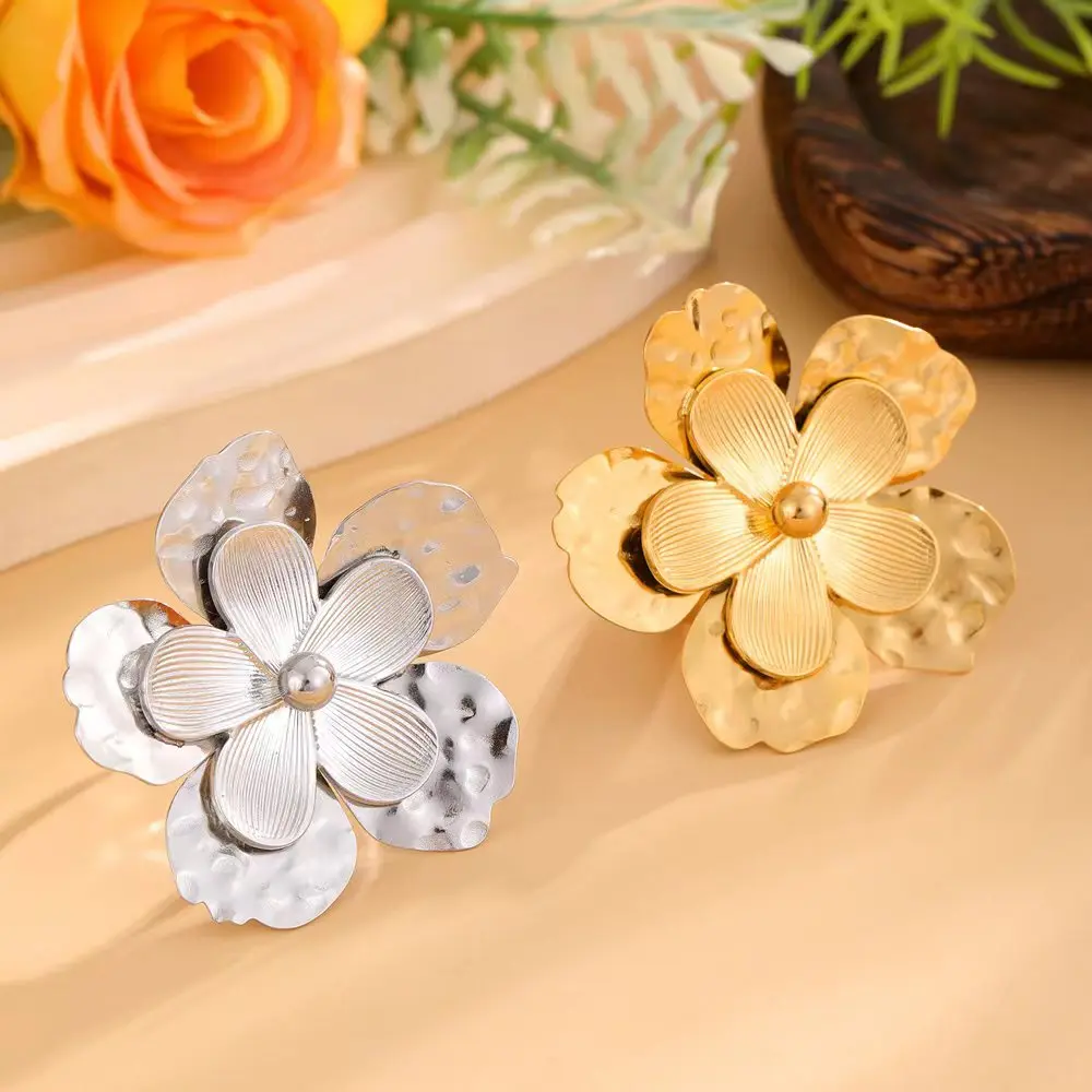 New fashion double layer five leaves flower-shaped ring High-grade stainless steel ladies adjustable jewellery