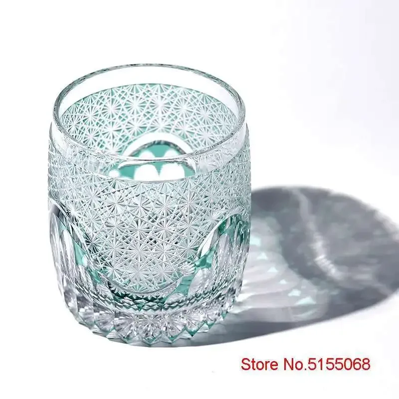Japanese Top Edo Kiriko Hand Carving Crystal Whiskey Glass Green Chrysanthemum Sea Wave Brandy Liquor Snifter Wine Cup Drinkware