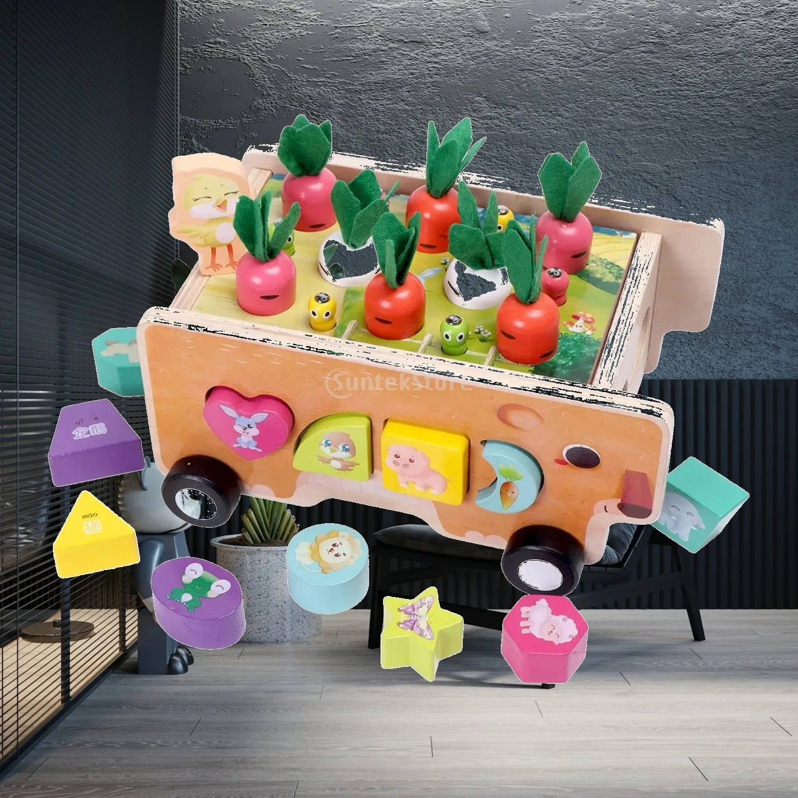 Kids Wooden Shape Sorting Cart with Farm Bear Decor Push Toy for Children Interactive Learning Activity Blocks
