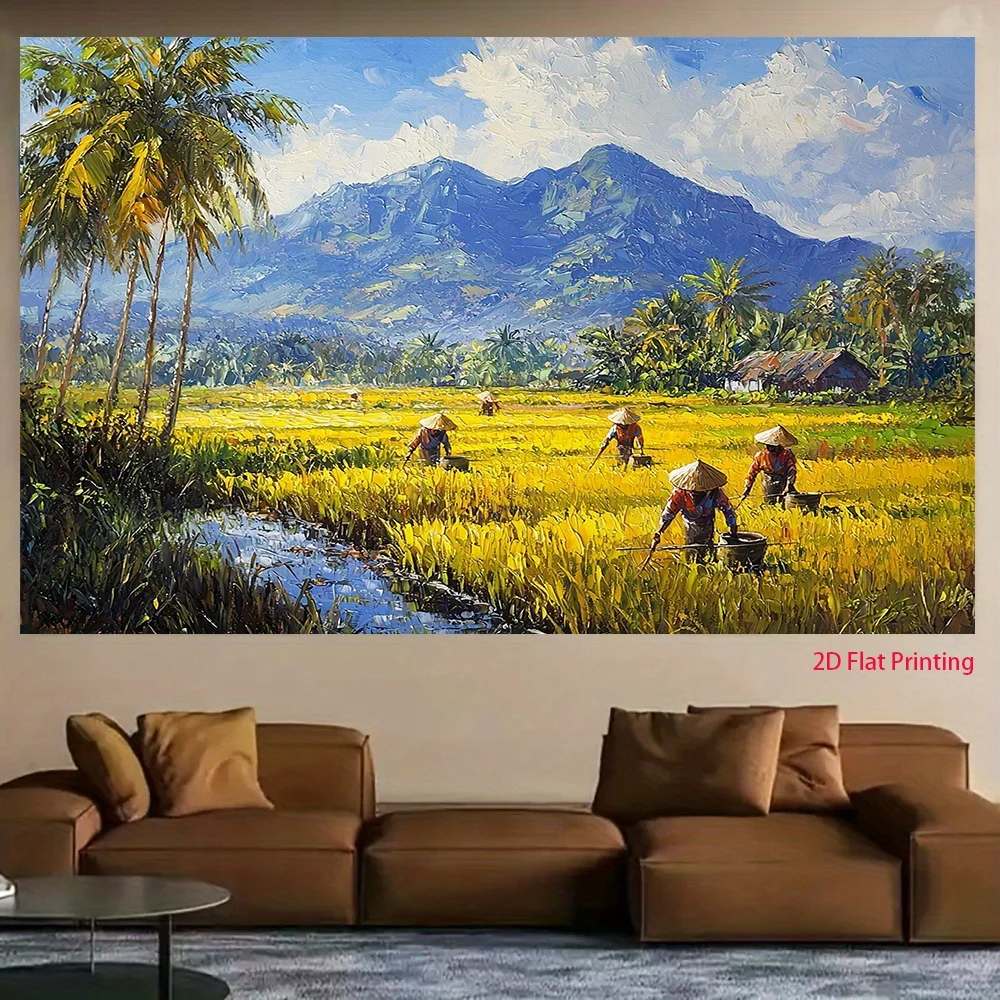 2D Flat, 1pc Rice Field Farmers Palm Trees Mountain Tapestry Rural Asia Wall Art Living Room Decor Traditional Farming Landscape