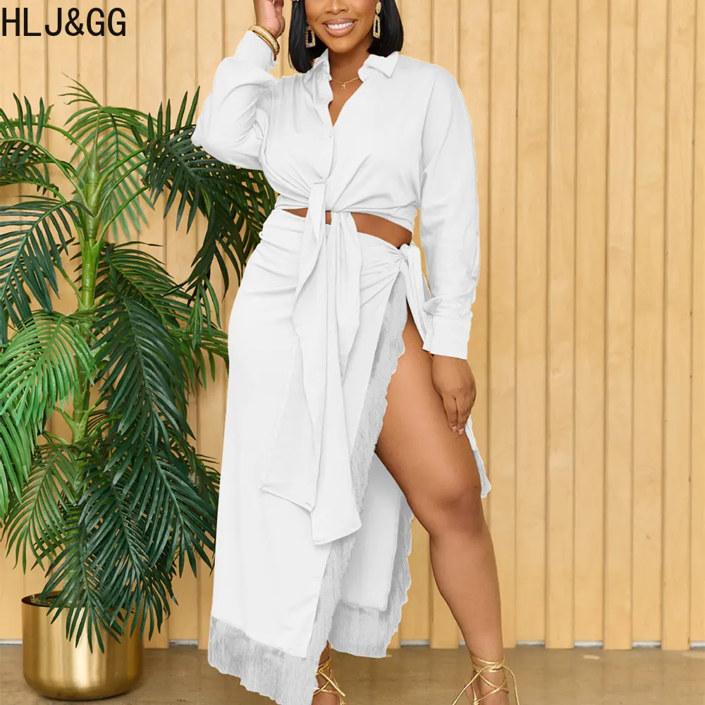 

HLJ&GG Elegant Lady Solid Shirt Tassels Two Piece Sets Women V Neck Long Sleeve Bandage Crop Top And Slit Skirts Outfit Clothing