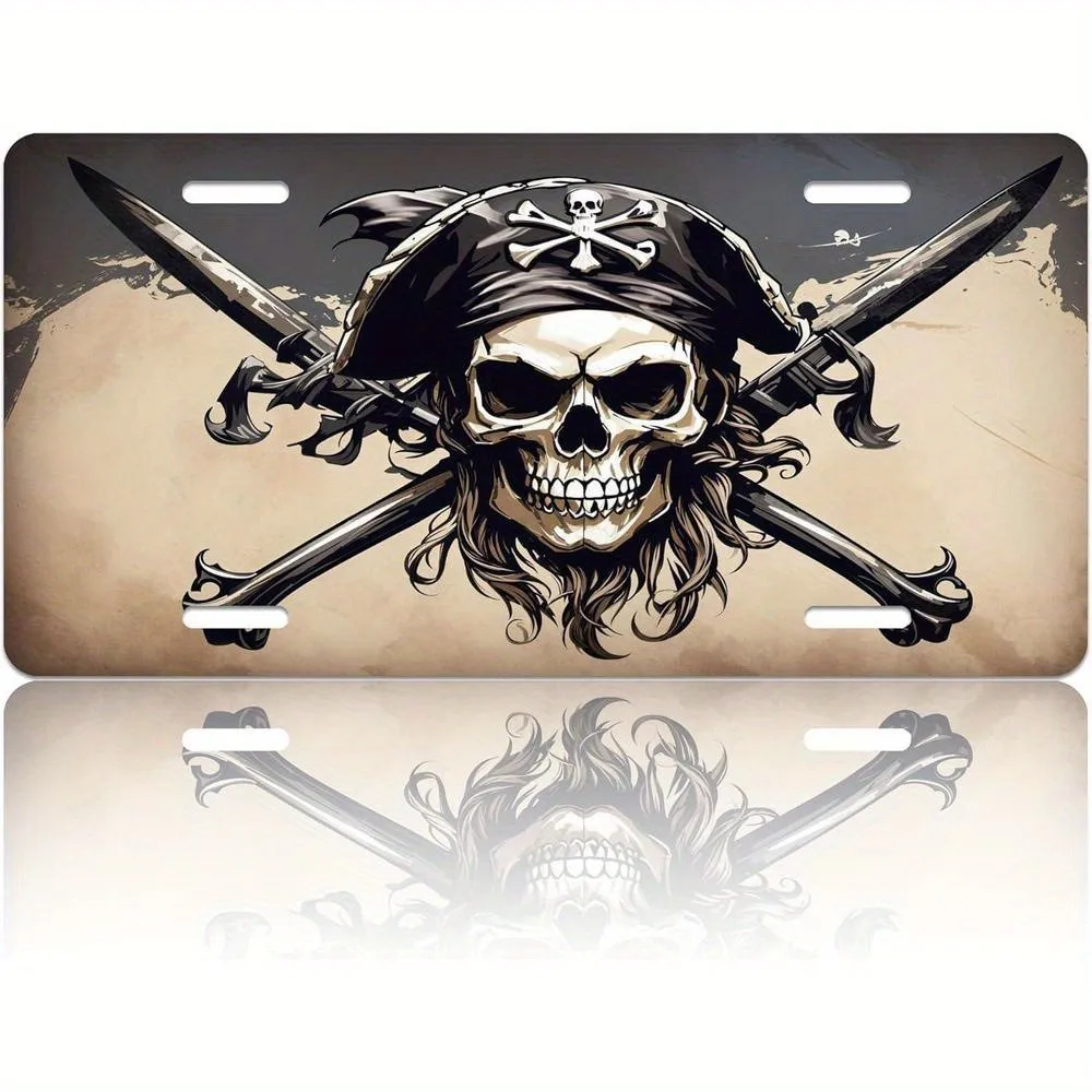 Classic Pirate Flag Decor - Black and White Skull with Crossbones Metal Wall Sign - Nautical Decoration, Perfect for Home or Bar