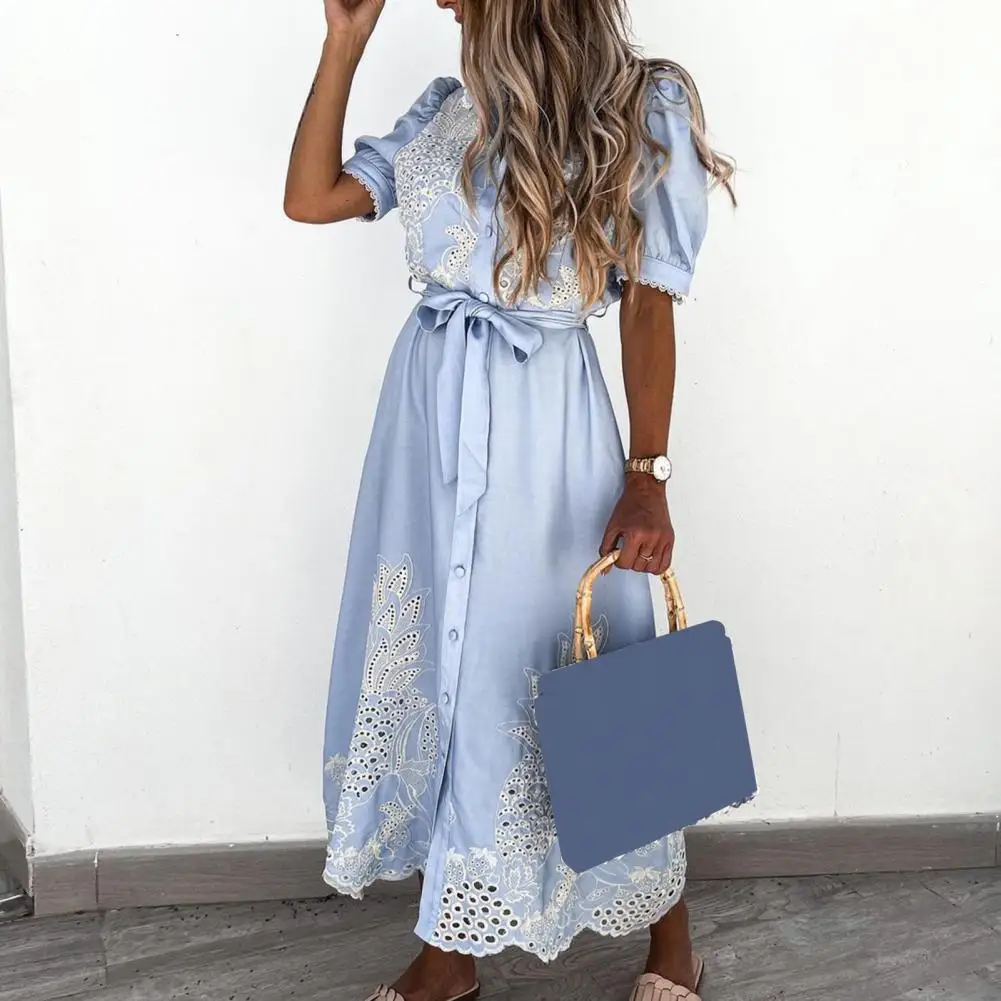 Maxi Dress Hollow Out Summer Embroidery Lace-up Long Dress Women Sundress for Daily Wear