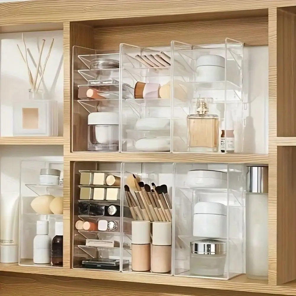New Slim Design Bathroom Organizer Clear Vertical Storage Dressing Table Rack Built-In Shelves Cosmetics Storage Box for Desktop