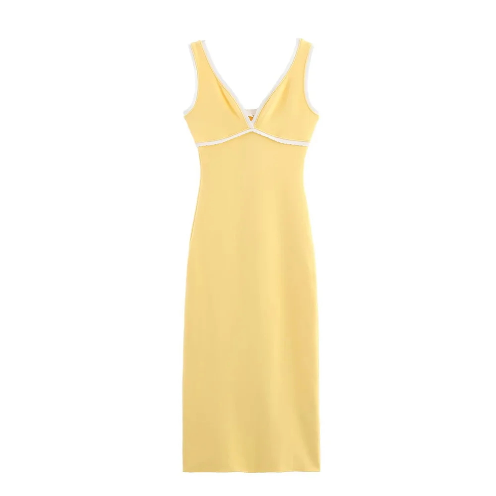 Feminino elegante simples cor contraste camada vestido verão nova moda sexy com decote em v sem mangas vestido longo