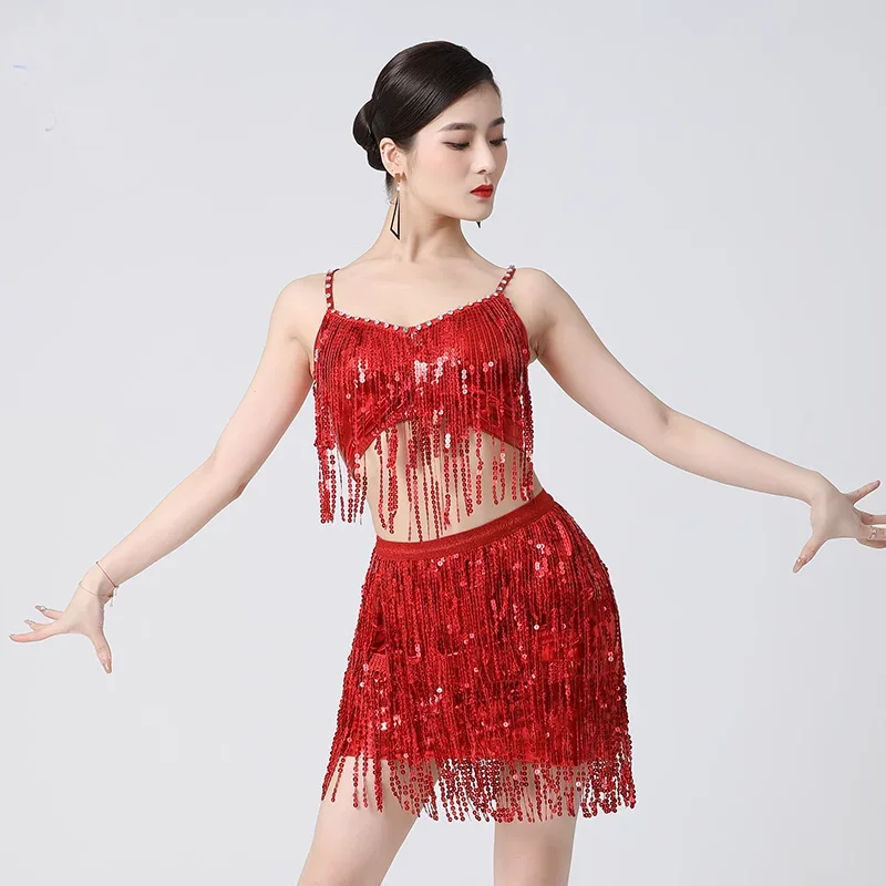 

New Latin Performance Dress Tassel Dance Skirt Jazz Dance Steel Pipe Dance Dress Table Performance Dress