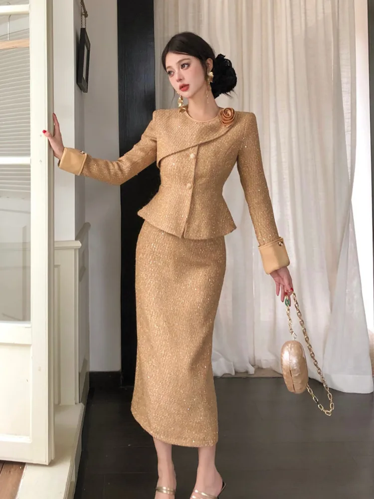 High Quality French Vintage Tweed 2 Piece Set For Women Elegant Fashion 3D Flower Jacket Coat + Long Skirt Two Piece Set Outfits