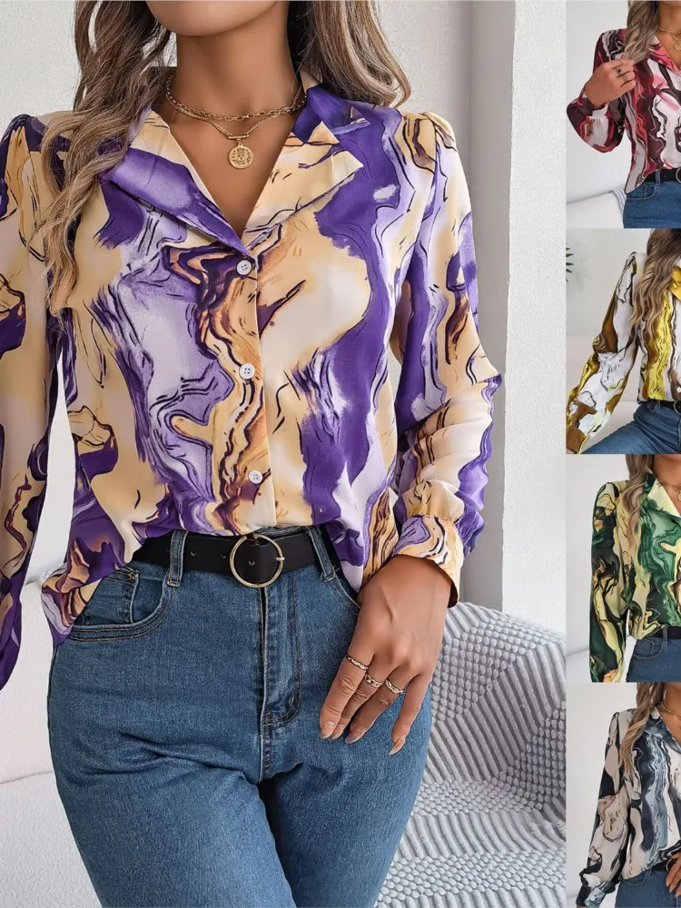 2024 Women\'s Spring Summer New Leisure Fashion Contrast Stripe Printed Suit Collar Long Sleeved Button Shirt For Women