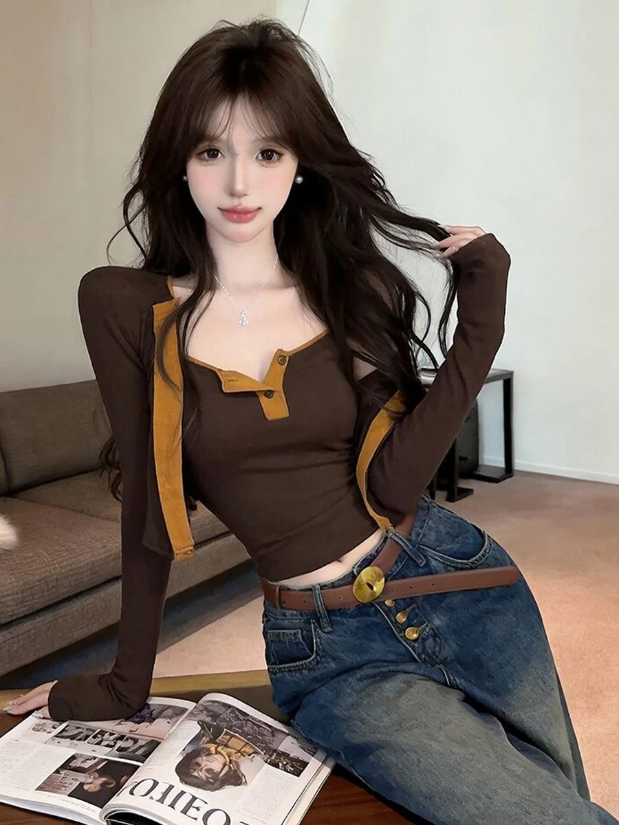 Sexy Spicy Girl Color Block Strap Vest Base Layer Single Button Open Cardigan Top Set Expose Clavicle Slimming Versatile Spri...