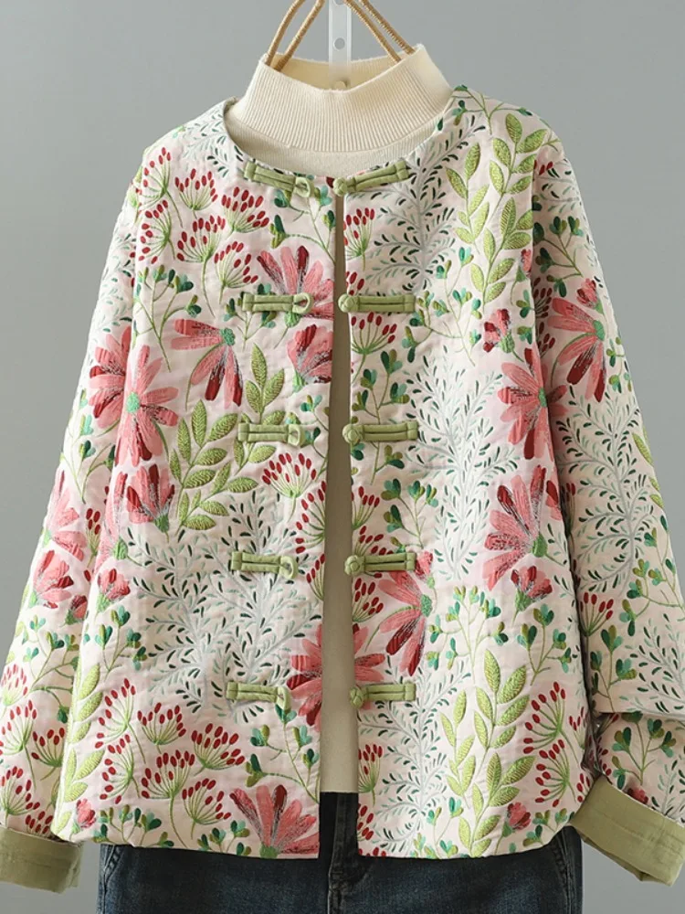 New Chinese Style Embroidered Jacket Women's Winter Warmth Youthful Cotton Coat Button Design Loose Fit Long Sleeve round Neck