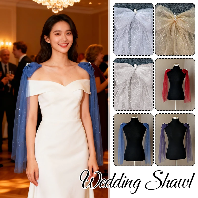 Women Elegant Bow Knot Tulle Yarn Shoulder Arm Cover Bridal  Shawl Wraps Bride Wedding Banquet Dress Shoulder Decor Accessory