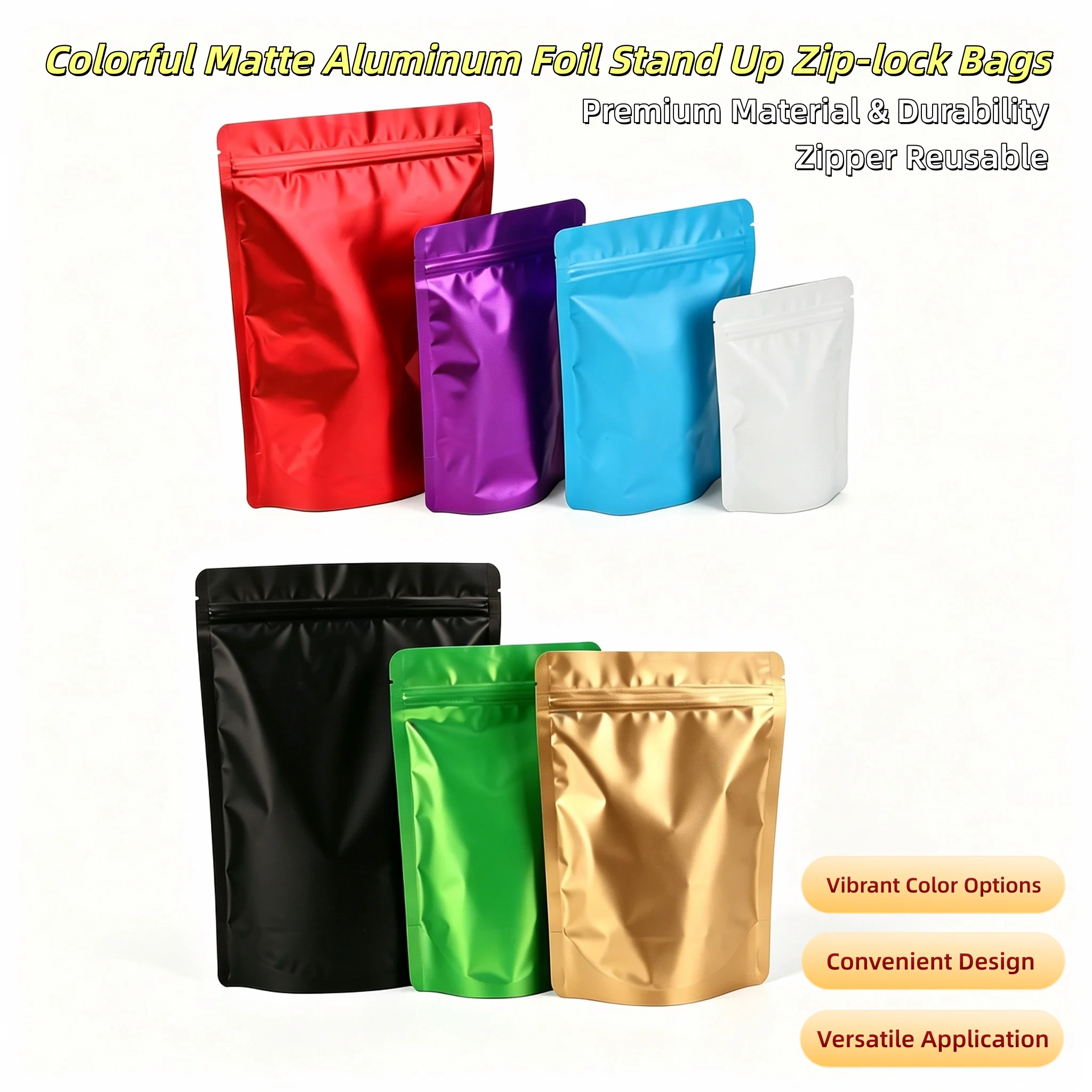 100pcs Thick Colorful Stand Up Matte Aluminized Foil Zip Lock Bags - Resealable Plastic Storage Pouches for Coffee,Snacks & More