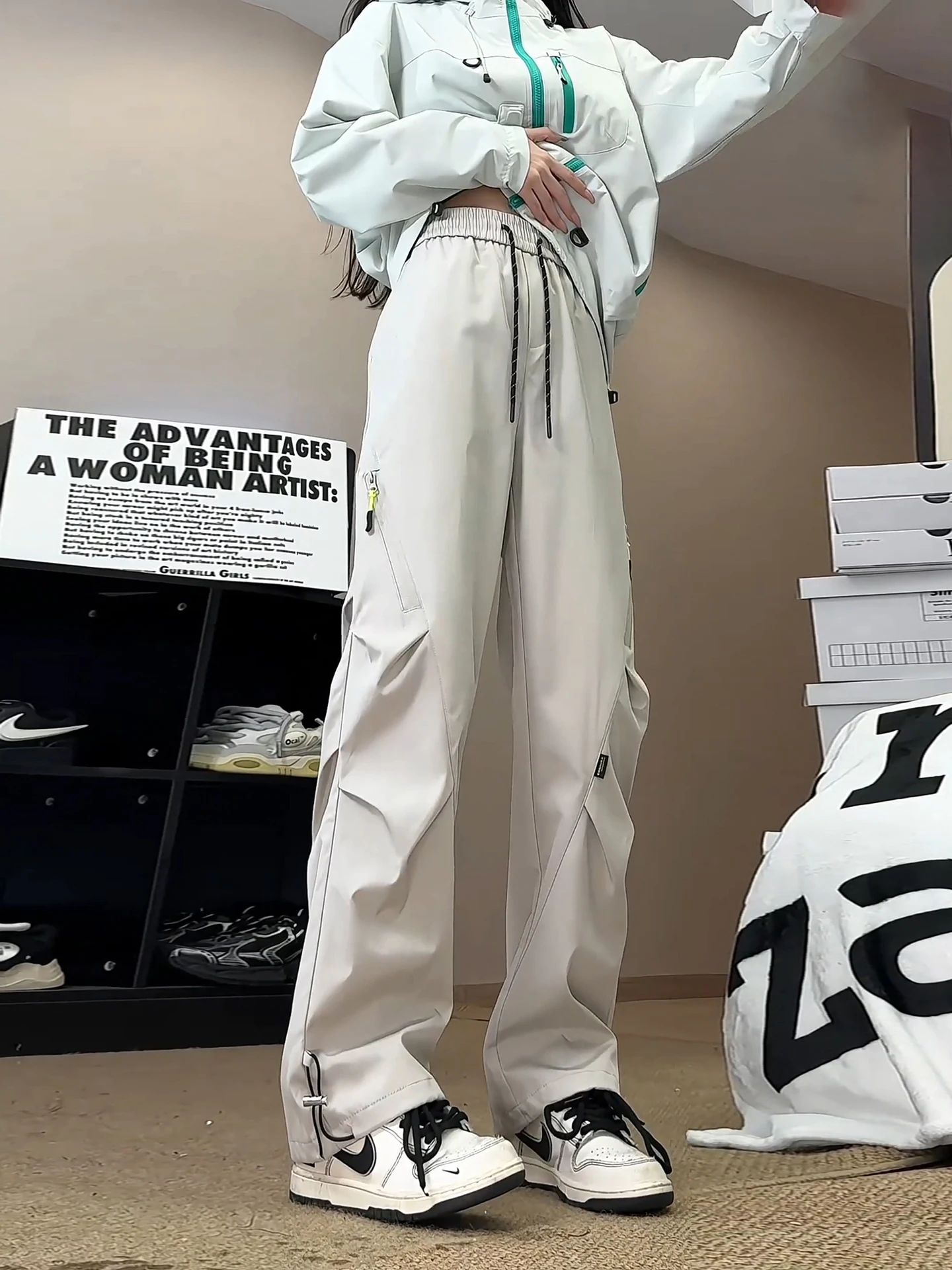 

Американские широкие рабочие брюки с высокой талией, прямого кроя, бежевые, мягкие, осенние, повседневные