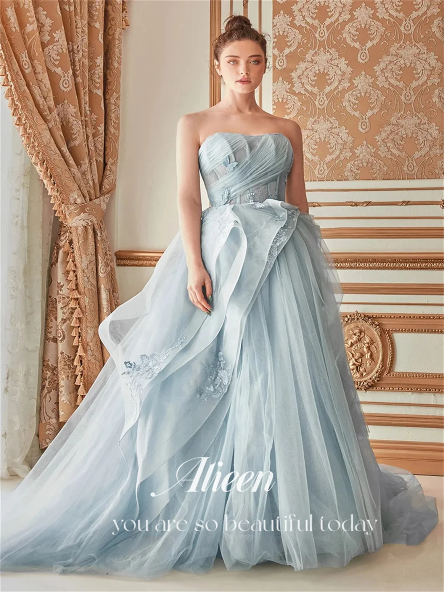 Aileen Strapless Lace Petals Sky Blue A-line Quinceanera Dresses for Formal Occasions Dubai Luxury Evening Dress Es Prom Gown