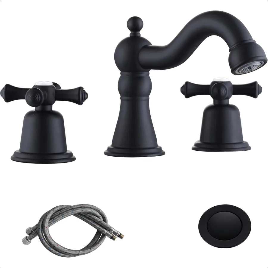 

Bathroom Faucets for Sink 3 Hole Black 8 inch Widespread Bathroom Sink Faucet with Drain 2 Handles Cross Knobs Faucet Bathroom