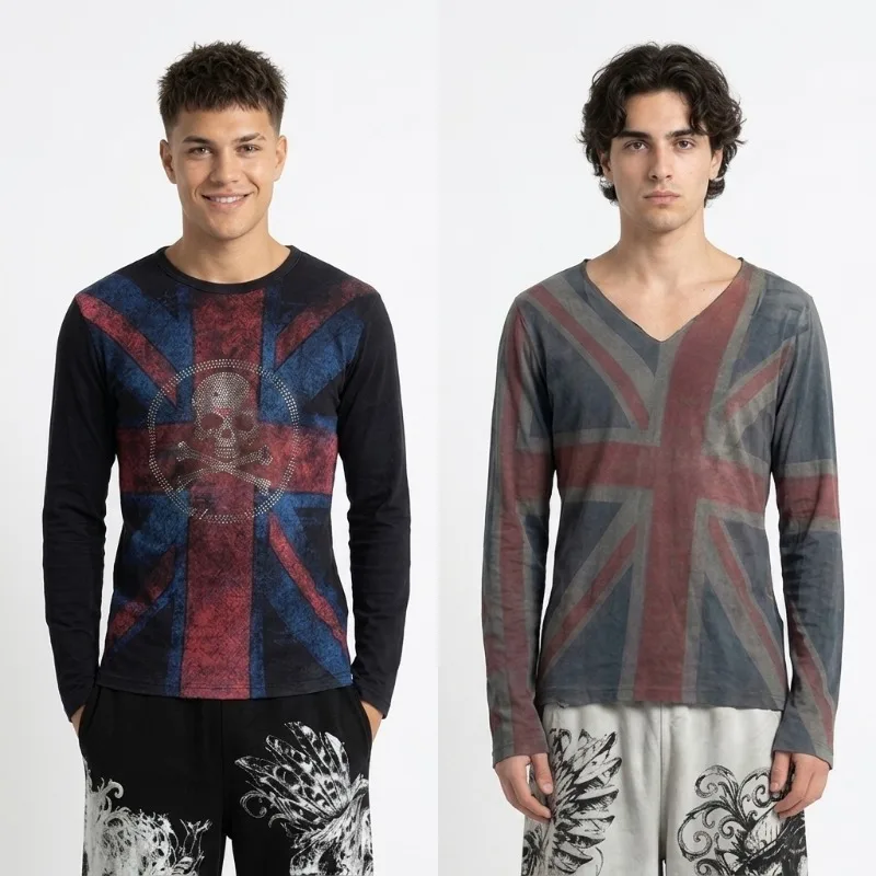 Y2K Gothic Union Jack Print Long Sleeve T Shirt Wide Leg Pants Set