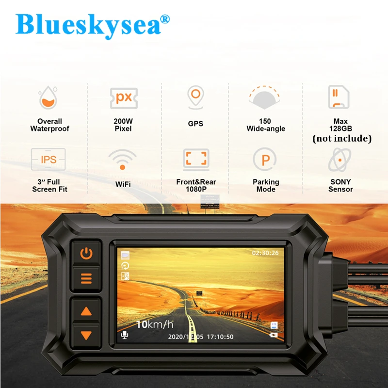 

Blueskysea A12 WIFI Motorcycle Dash Cam Dual HD 1080P DVR Dashcam Waterproof GPS camara 150 Wide-angle G-Sensor Loop Recording