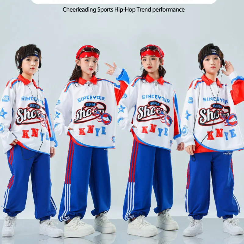 Boys Street Dance Streetwear White Sweatshirt Girls Hip Hop Clothes Sets Kids Jazz Blue Pants Outfits Costume