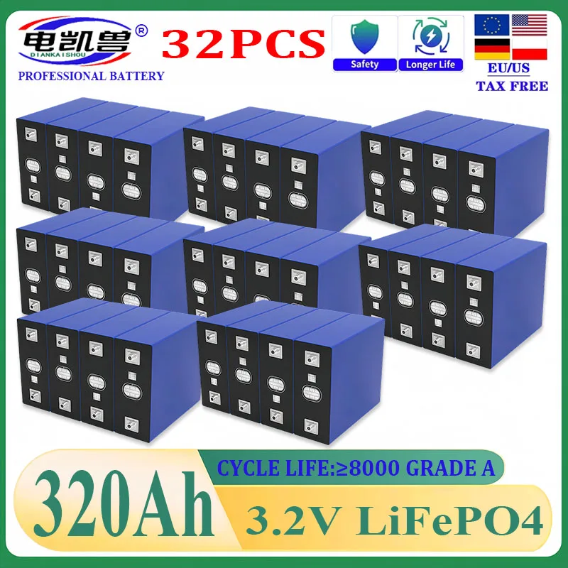 

32pcs New Grade A 3.2V 320Ah Lifepo4 Rechargeable Battery Lithium Phosphate Travel Solar Campers Cell 12v 24v batteries Tax Free