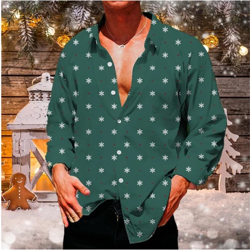 

2023 Men's Shirt Pattern Snowflake 3D Printing Christmas Street Long Sleeve Button Lapel Clothing Retro Design Casual Breathable