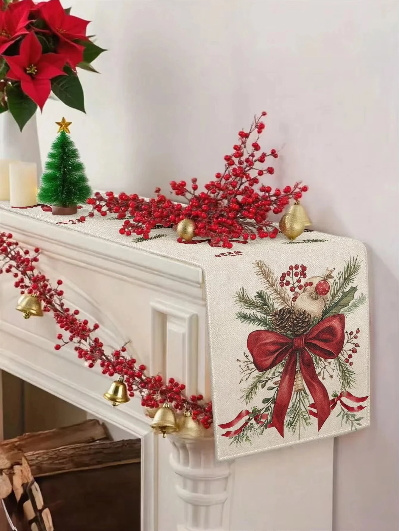 1piece Christmas Theme Table Runner with Bow Pinecone Holly Berry Festive Table Decor Print High Quality Elegant Holiday