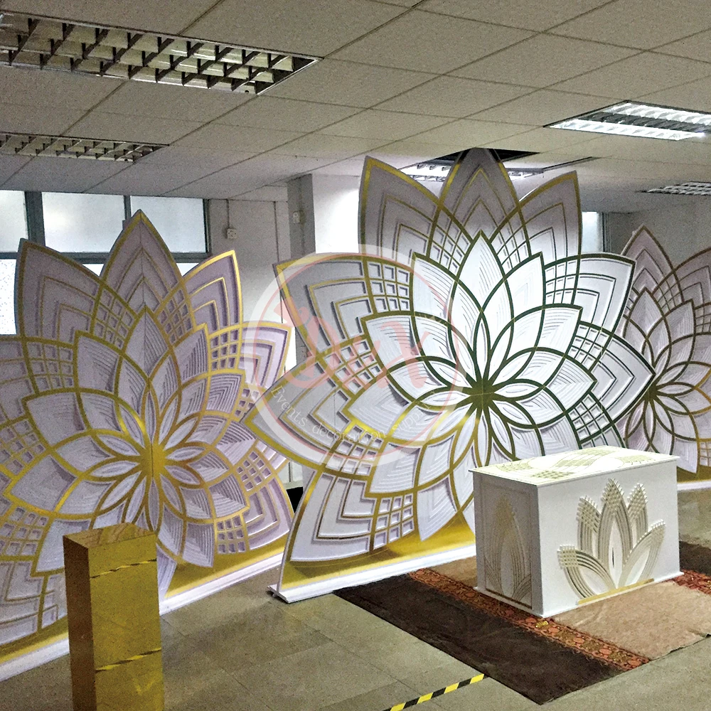 Gold And White PVC Background Decoration Lotus Flower Acrylic Backdrop For Sales