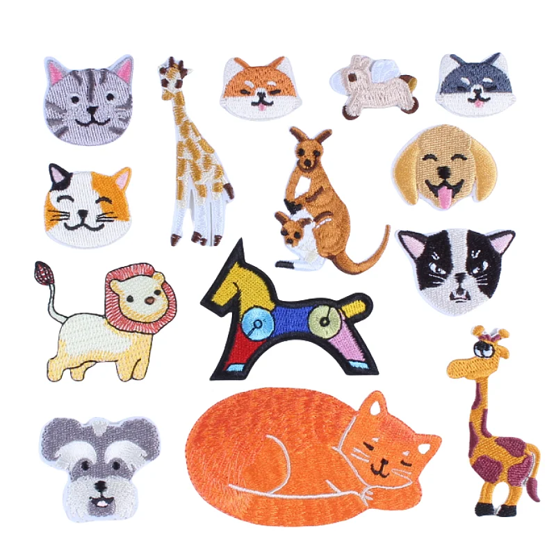 10pc Cartoon Iron On Animal Patches Embroidery Cat Dog Lion Stickers For Clothing Bags Shoes Hats Decoration Badge DIY Material