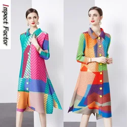 Miyake 2024 Early Spring and Autumn Pleated Mid Length Printed Slimming and Age Reducing Women's Dress with 9/4 Sleeves