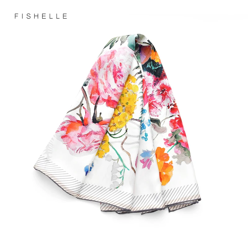 White real silk twill scarf printed flowers head scarves women natural silk square hijab shawl lady spring summer