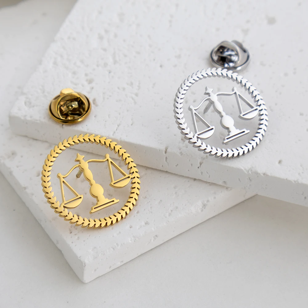 Stainless Steel Wheat Circle Libra Brooch, Symbol Of Justice, Judge Collar Brooch, Business Party Lawyer Suit Accessories
